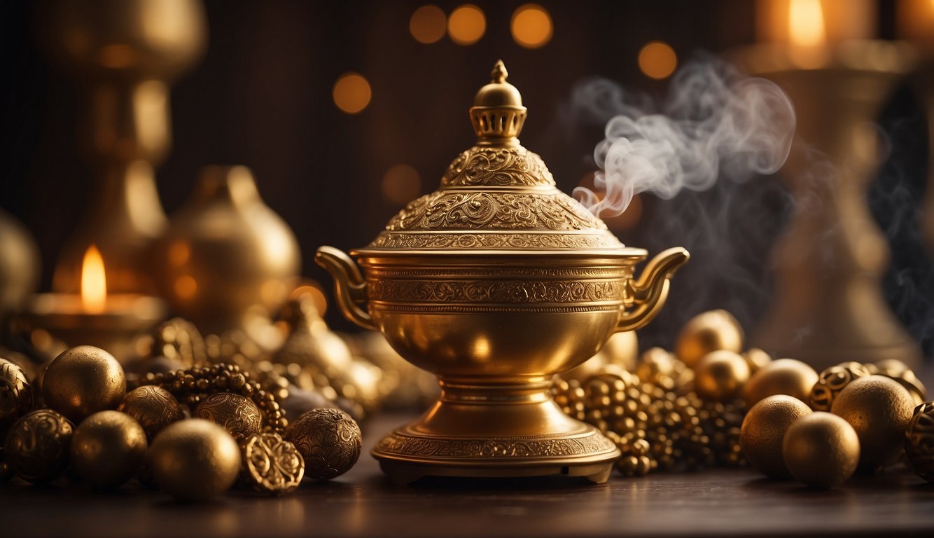 A golden censer billows fragrant smoke over a sacred altar adorned with biblical myrrh