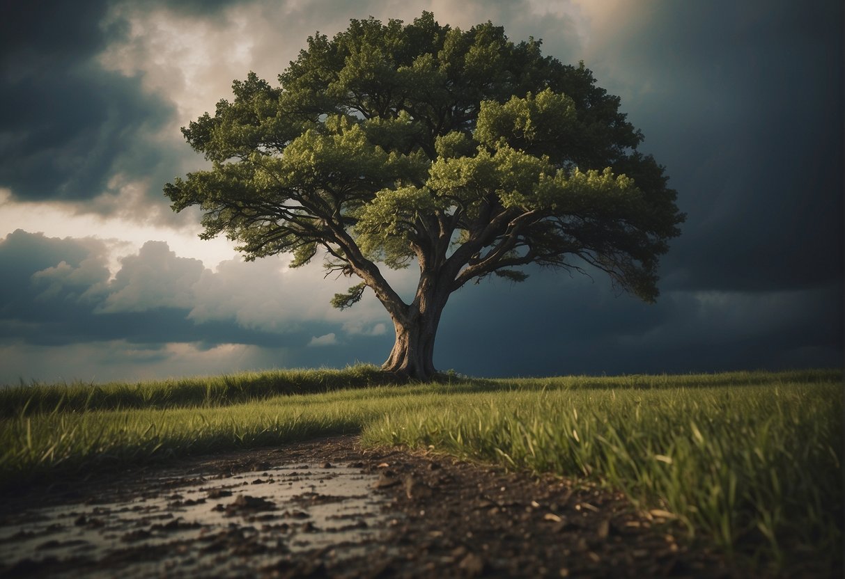 In a storm, a lone tree stands strong as a smaller tree leans against it for support, symbolizing the nature of true friendship in hard times