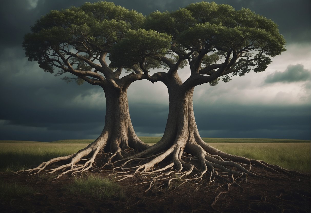 In a storm, two trees stand intertwined, their roots entwined beneath the earth. The wind howls, but they stand strong together, a testament to the enduring power of true friendship