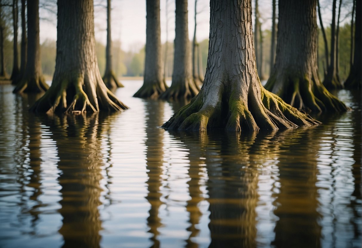 A group of trees standing tall, their roots intertwined, casting reflections on a calm lake, symbolizing the strength and support found in true friendships during difficult times