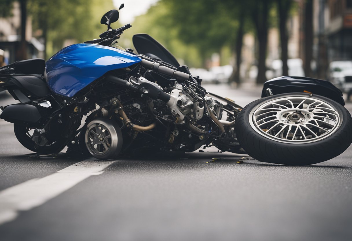 A motorcycle lies on its side, damaged from a collision. Skid marks lead to a crashed car. The scene is chaotic, with debris scattered around