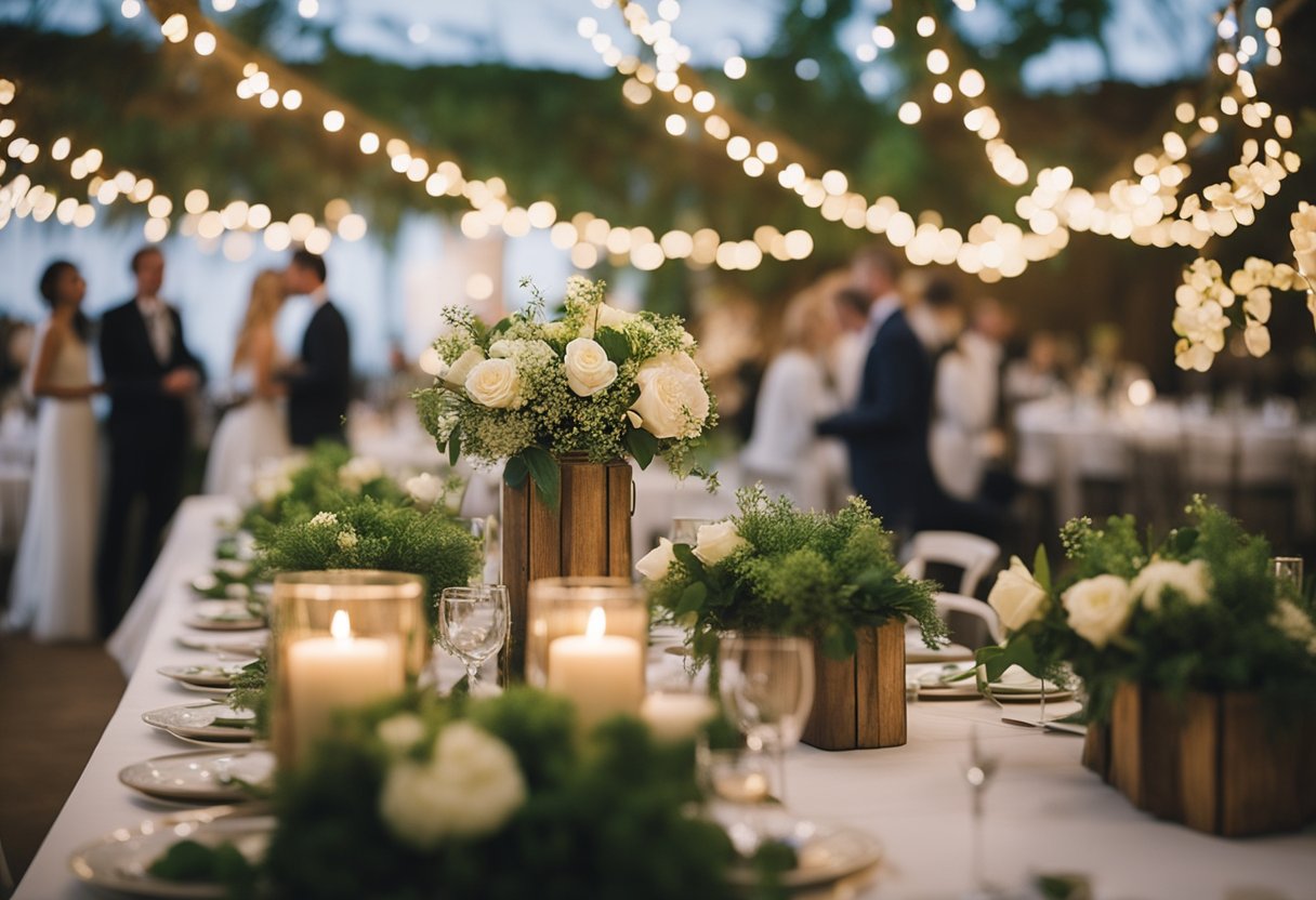 A wedding reception with eco-friendly decor, reusable tableware, and locally sourced floral arrangements. Vendors use sustainable materials and energy-efficient lighting