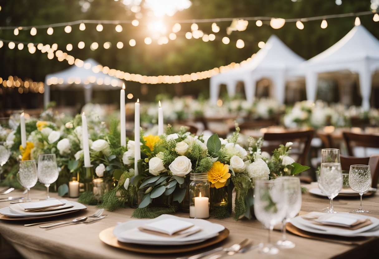 A lush, outdoor wedding venue with solar-powered lights, recycled paper invitations, and locally sourced, organic floral arrangements. Eco-friendly vendors and sustainable choices create a beautiful, environmentally conscious celebration