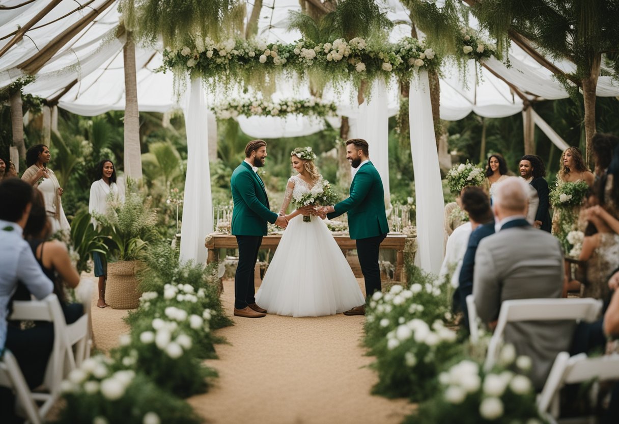 A bride and groom stand in an eco-friendly wedding venue surrounded by sustainable decor and vendors, showcasing their commitment to a green wedding