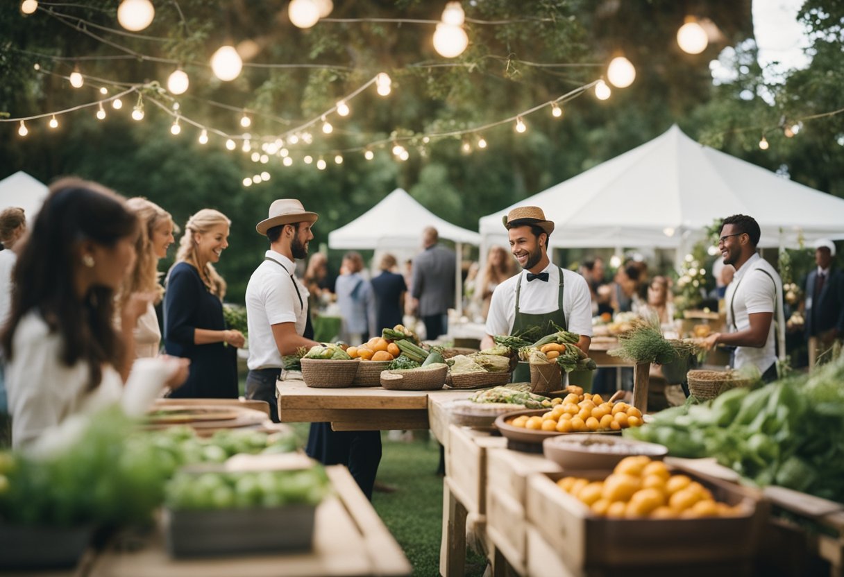 Eco-friendly vendors setting up at a wedding venue, using sustainable materials and serving organic food
