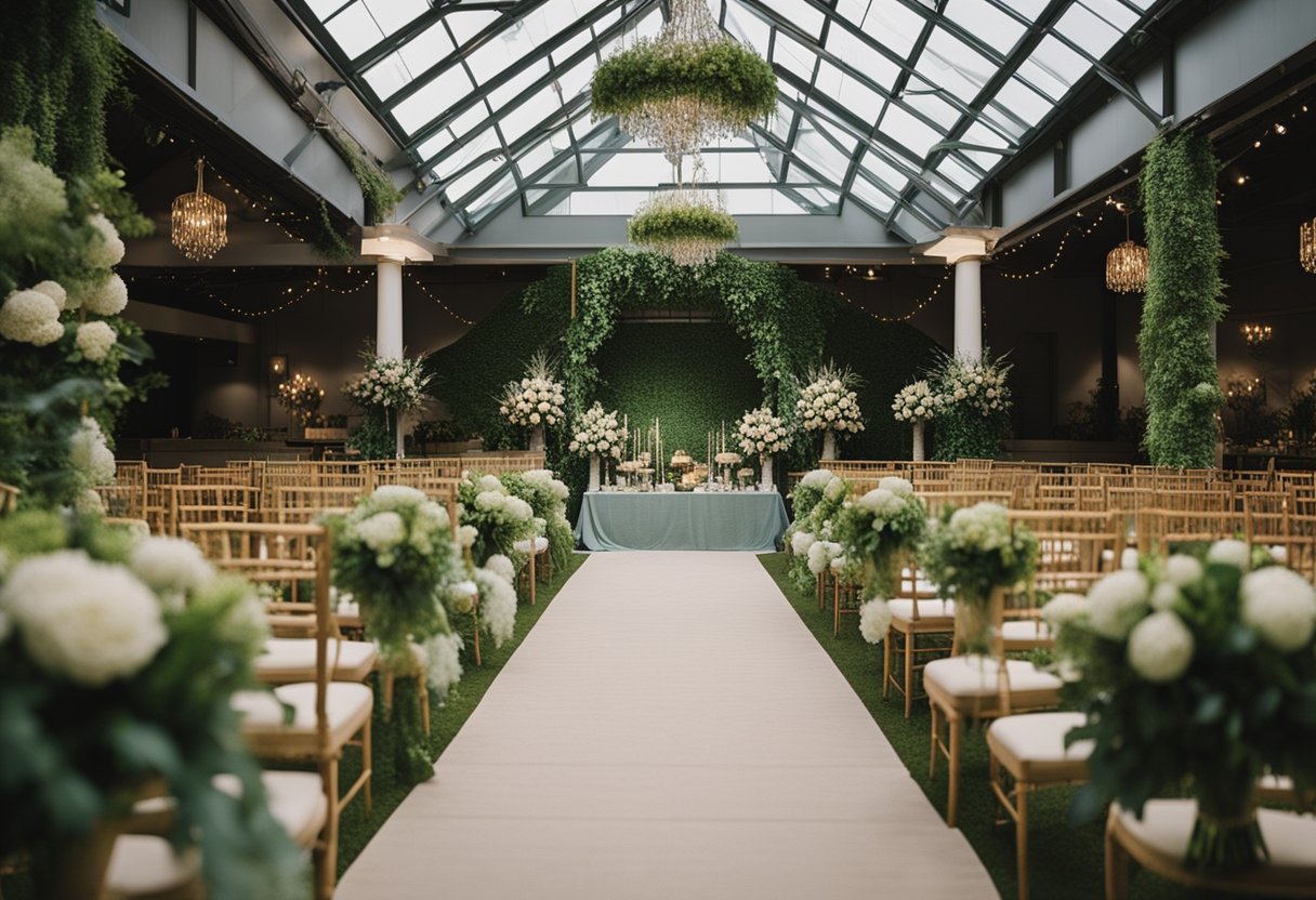 A wedding venue adorned with eco-friendly decor and floral arrangements. Vendors showcase sustainable choices for a green wedding