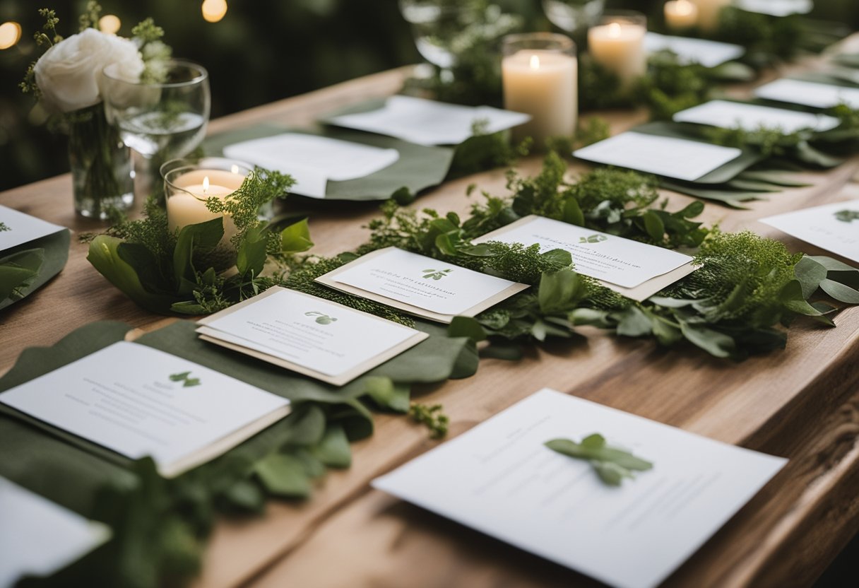 A table adorned with eco-friendly wedding invitations, recycled paper stationery, and sustainable vendor brochures. Greenery and natural elements decorate the display