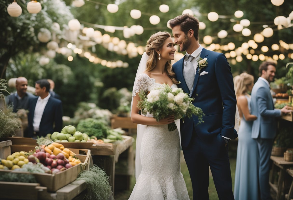 A bride and groom standing in a garden surrounded by eco-friendly vendors and sustainable choices for their wedding day