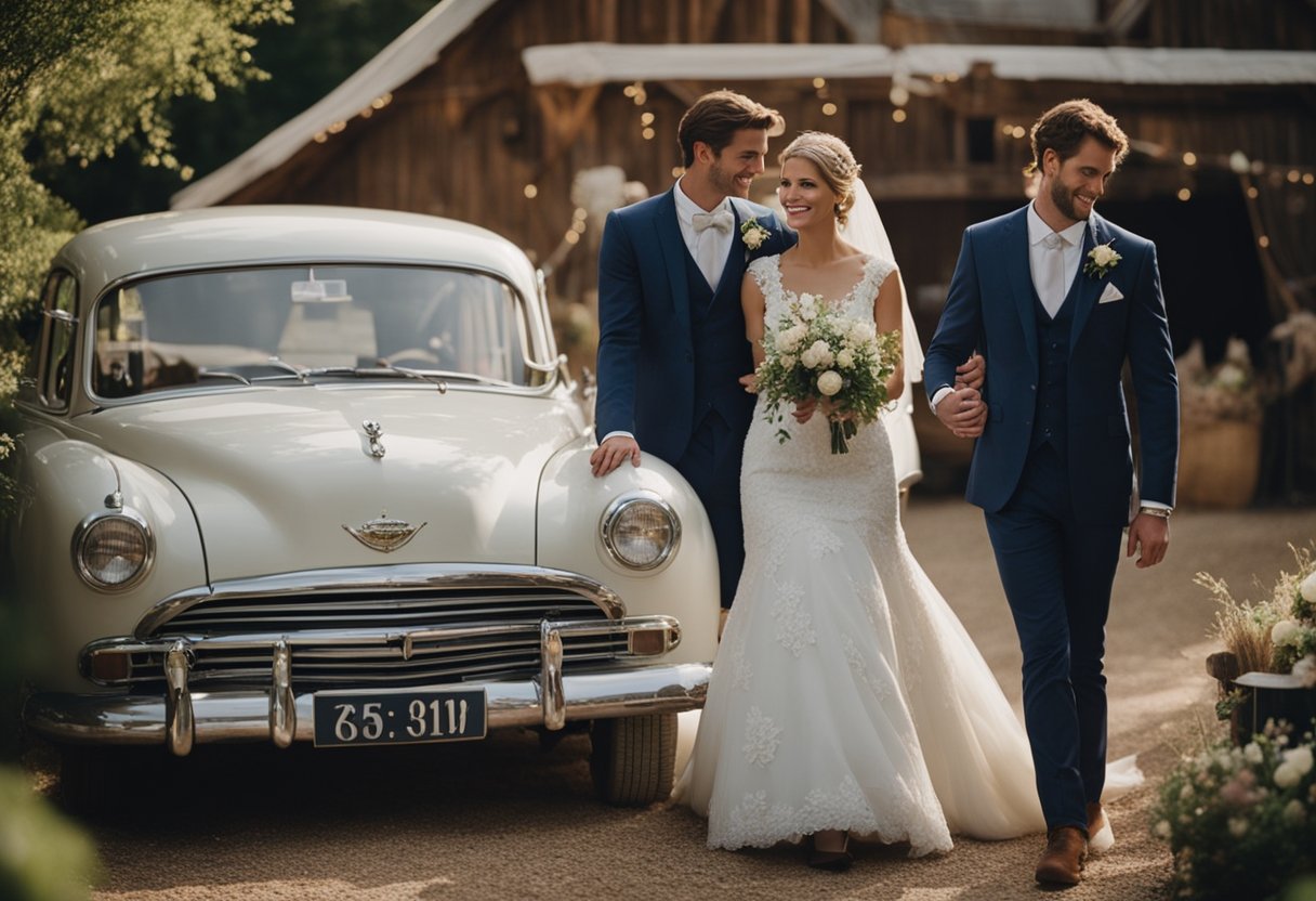 A bride and groom arrive at a rustic barn venue in a hybrid car. The venue is adorned with sustainable decorations and eco-friendly accommodations