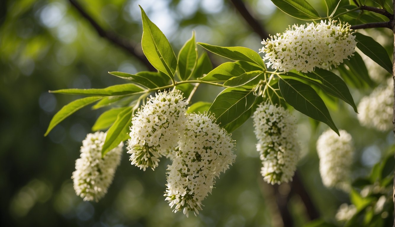 The neem tree stands tall with vibrant green leaves and small white flowers. Its branches are filled with small, oval-shaped fruits. Bees buzz around, attracted to the sweet scent of the flowers