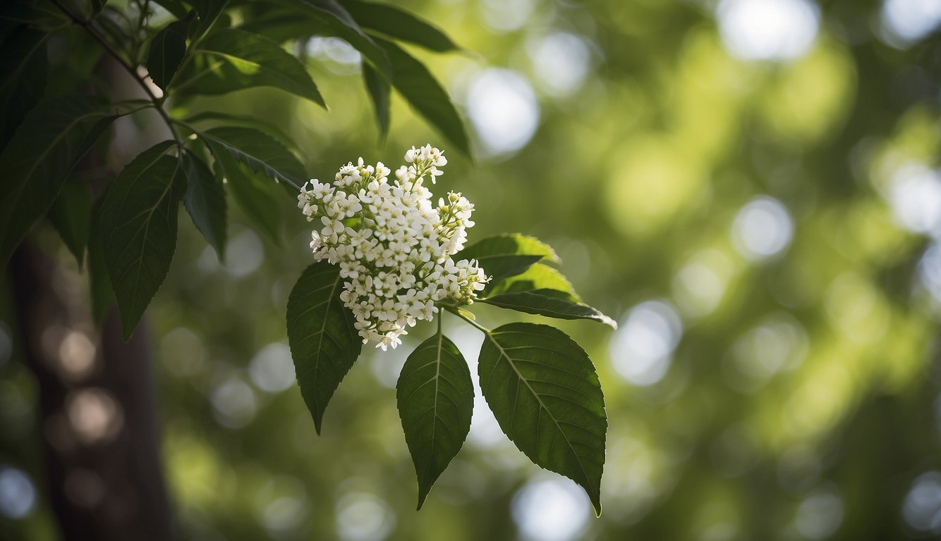 A neem tree stands tall, with its vibrant green leaves and small white flowers. The tree exudes a sense of tranquility and healing, symbolizing the therapeutic compounds and uses of neem