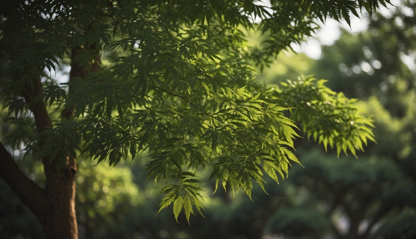 The neem tree stands tall, its branches adorned with vibrant green leaves. A caution sign warns of potential side effects, adding a sense of intrigue and mystery to the scene