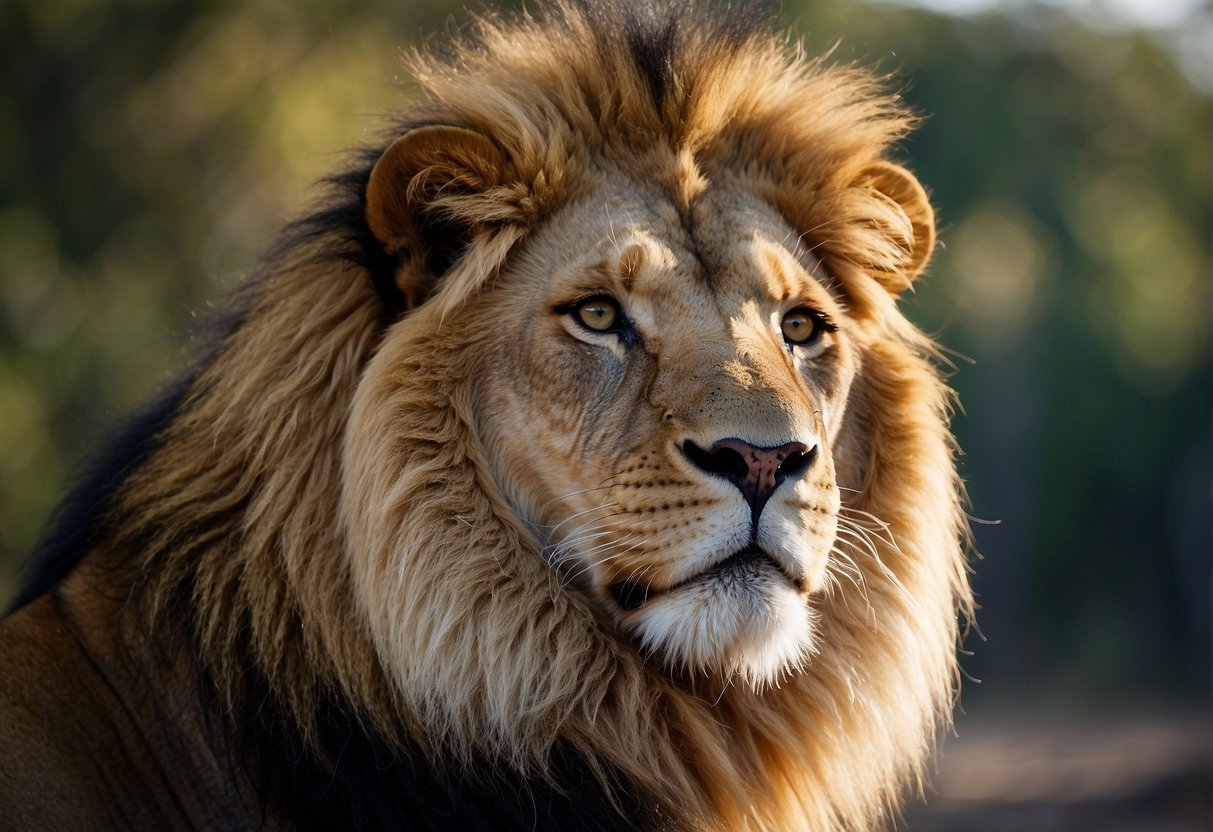 A lion stands tall, head held high, with a powerful stance and a steady gaze, exuding confidence