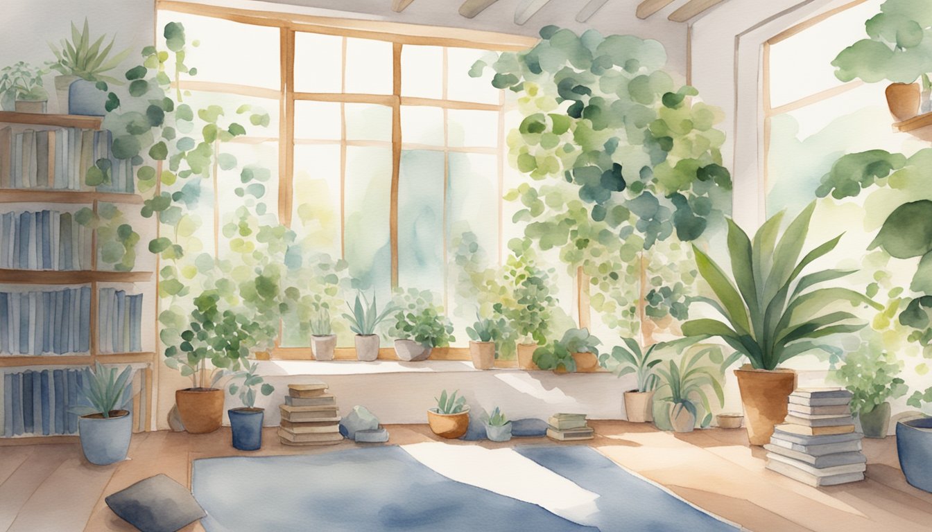 A serene, minimalist room with soft natural lighting, adorned with plants and calming artwork.</p><p>A person meditates in the center, surrounded by books on mindfulness and self-discovery