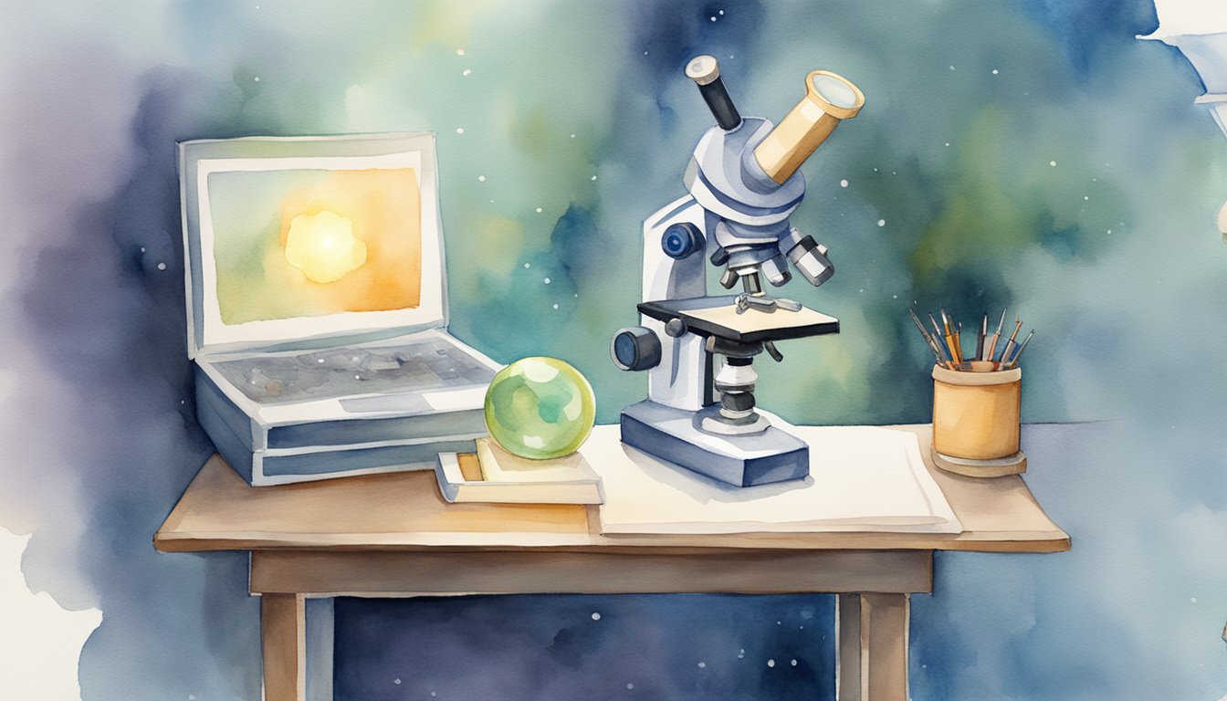 A microscope and a meditation cushion sit side by side, surrounded by a halo of light, symbolizing the intersection of science and spirituality