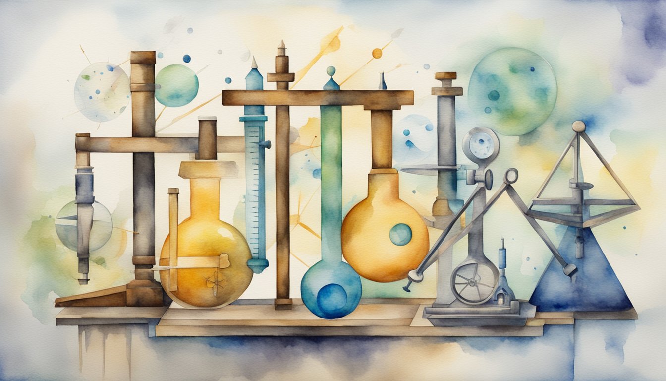 Scientific tools merge with spiritual symbols, creating a dynamic composition of practical and abstract elements