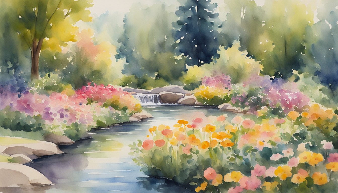 A serene garden with vibrant flowers and a gentle stream, surrounded by tall trees and bathed in warm sunlight