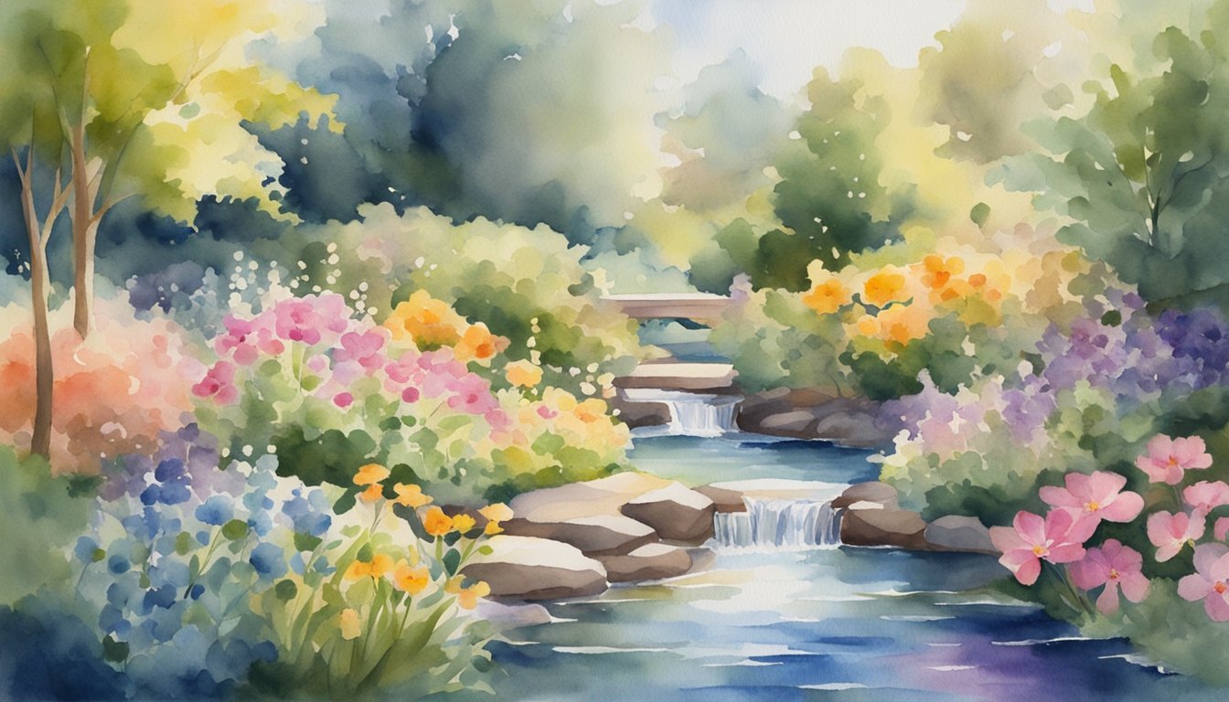 A serene garden with vibrant flowers, a flowing stream, and soft sunlight, surrounded by a sense of peace and tranquility