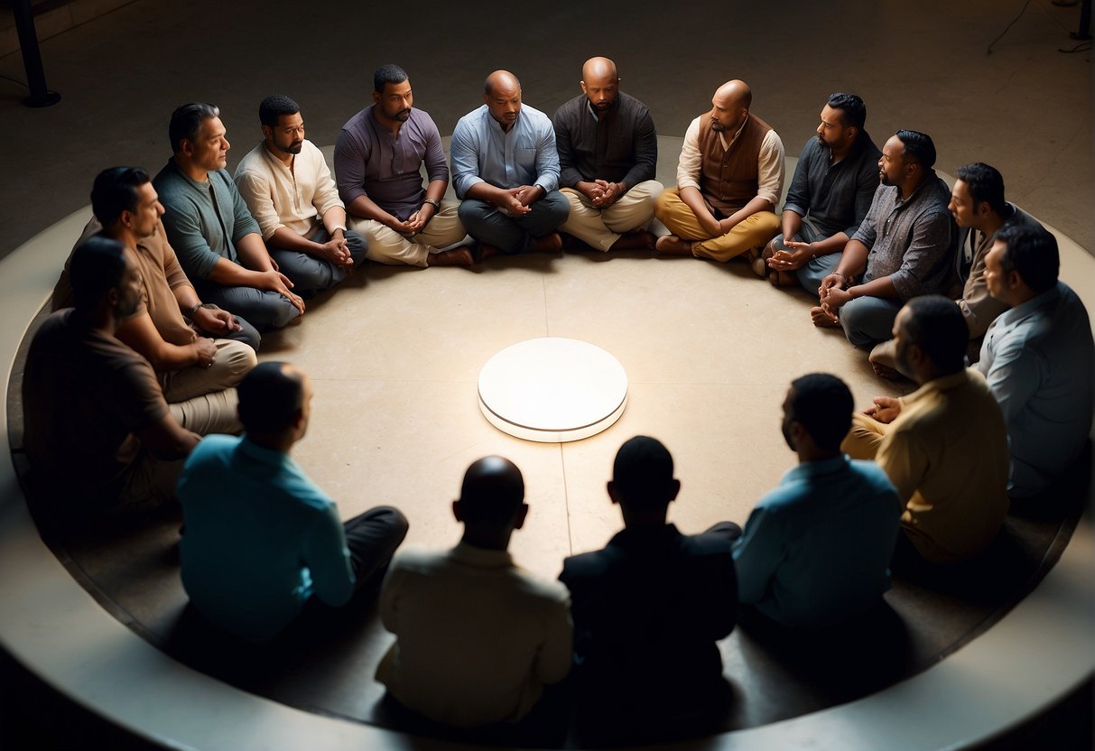 A group of men sitting in a circle, eyes closed, repeating mantras in unison. The room is dimly lit, creating a peaceful and meditative atmosphere