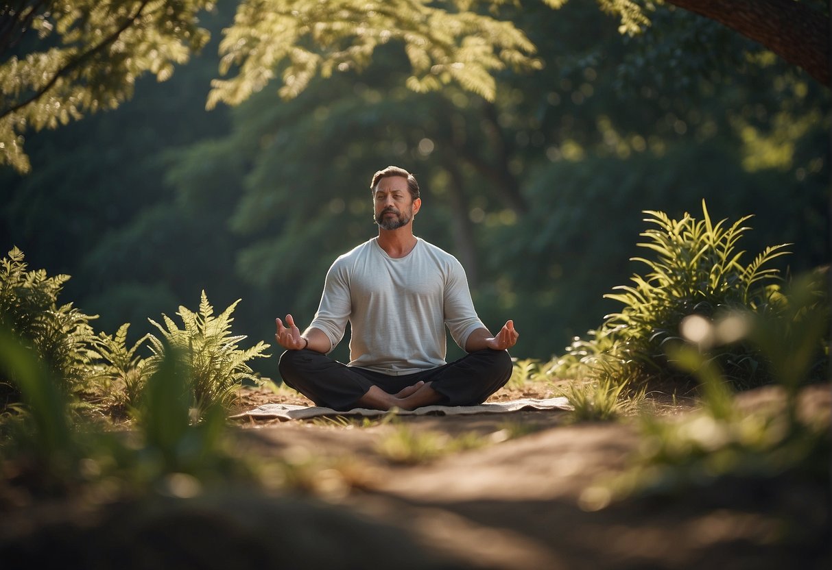A man meditates in a peaceful setting, surrounded by nature and calmness, while repeating empowering mantras and affirmations
