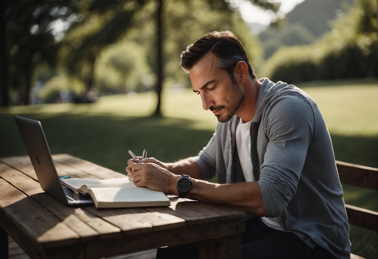 A man's daily routine: repeating affirmations, journaling, and exercising. A peaceful setting with natural light and a calm atmosphere