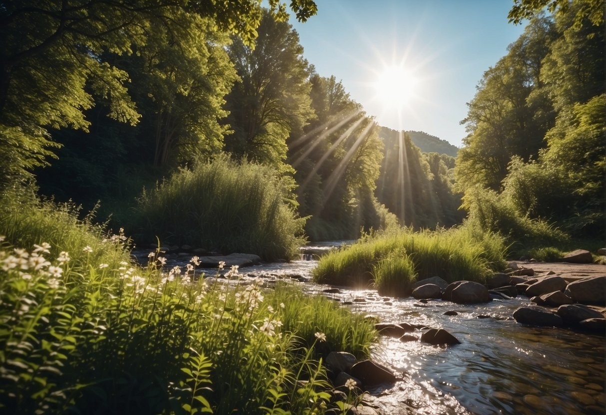 A serene landscape with a calm river flowing through lush greenery, with a clear blue sky and the sun shining brightly, creating a peaceful and tranquil atmosphere