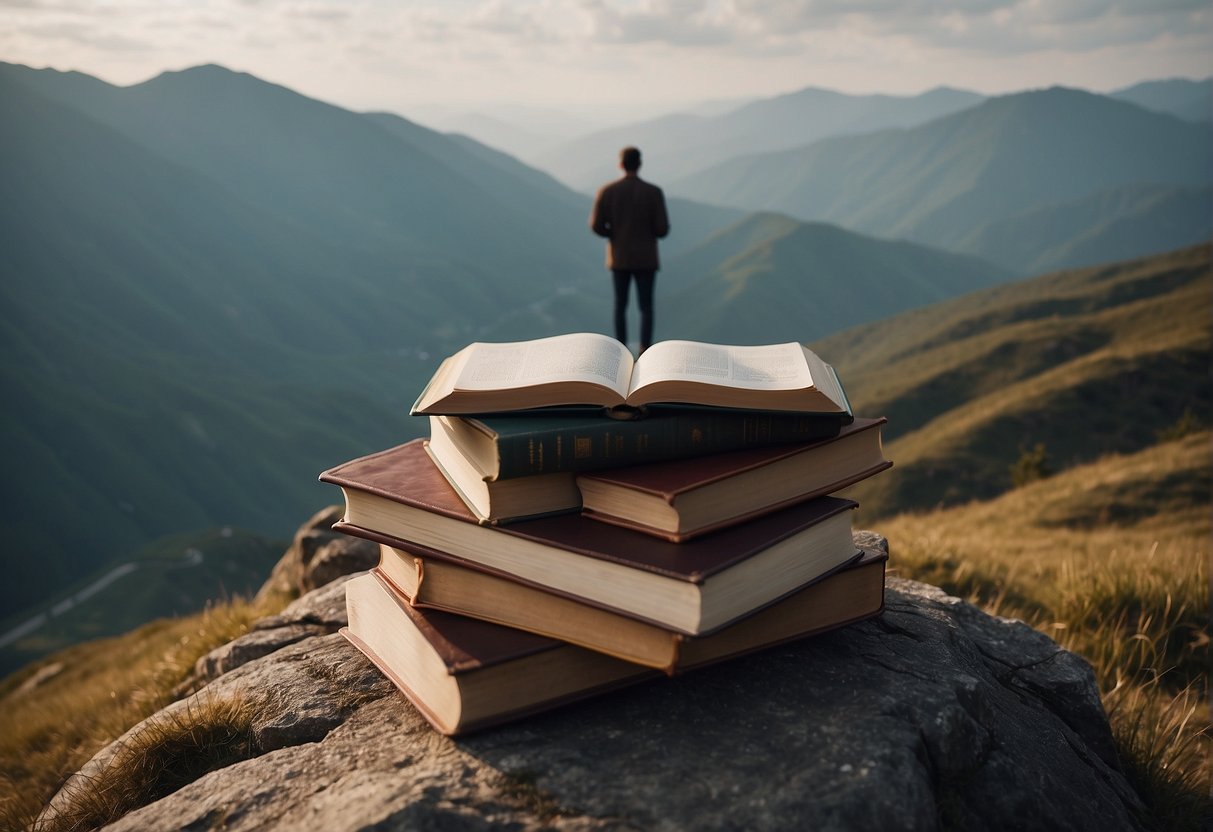 A man standing on a mountain peak, surrounded by books and a journal, with a clear path leading upward