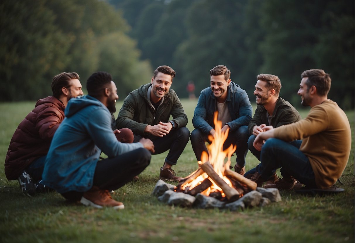 Men gathering around a campfire, sharing stories and laughter. A group of friends playing sports or games together. A circle of men engaged in deep conversation