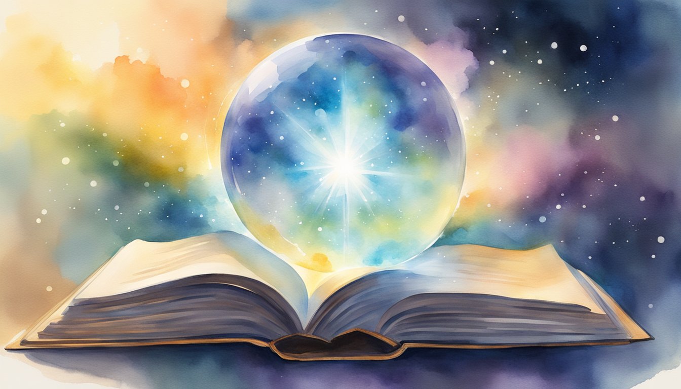 A glowing orb hovers above an open book, emitting beams of light that connect with ethereal figures, symbolizing spirit communication