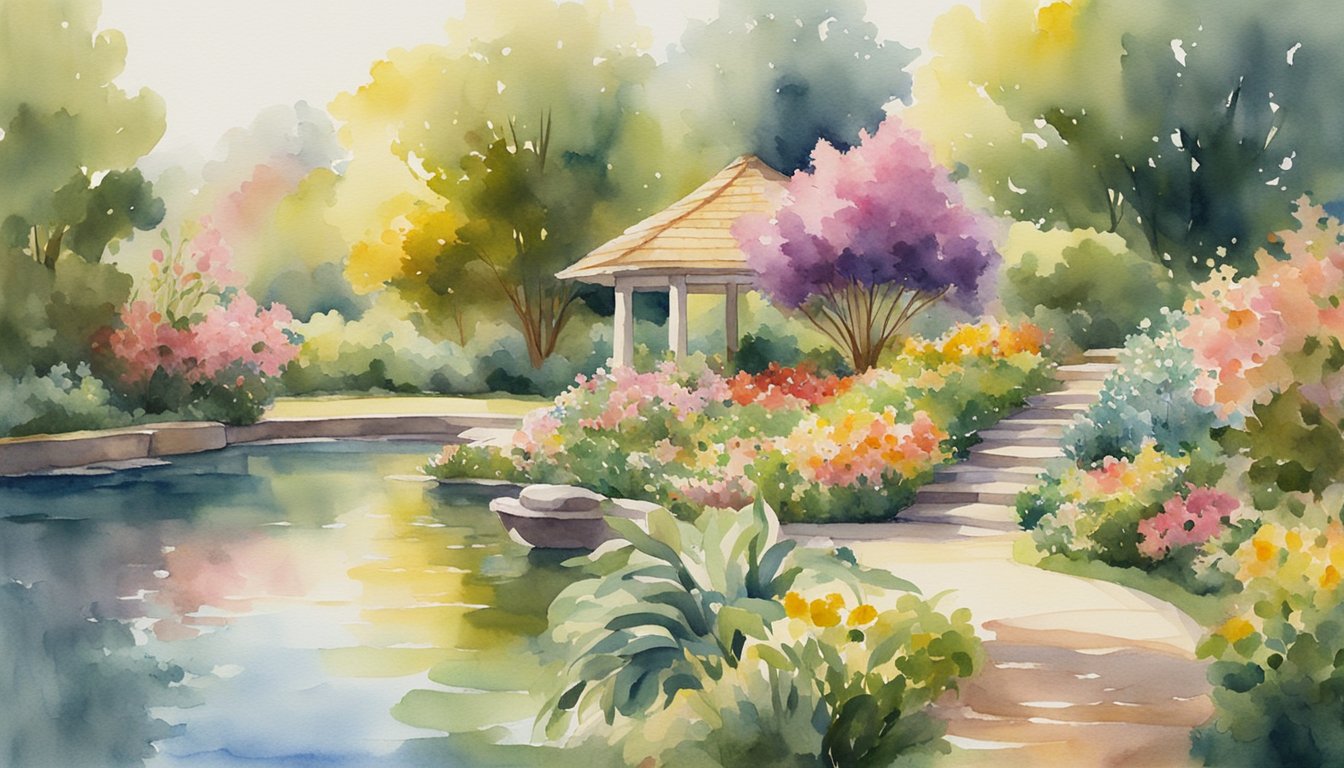 A lush garden with blooming flowers and vibrant greenery, surrounded by tranquil water and bathed in warm, golden sunlight