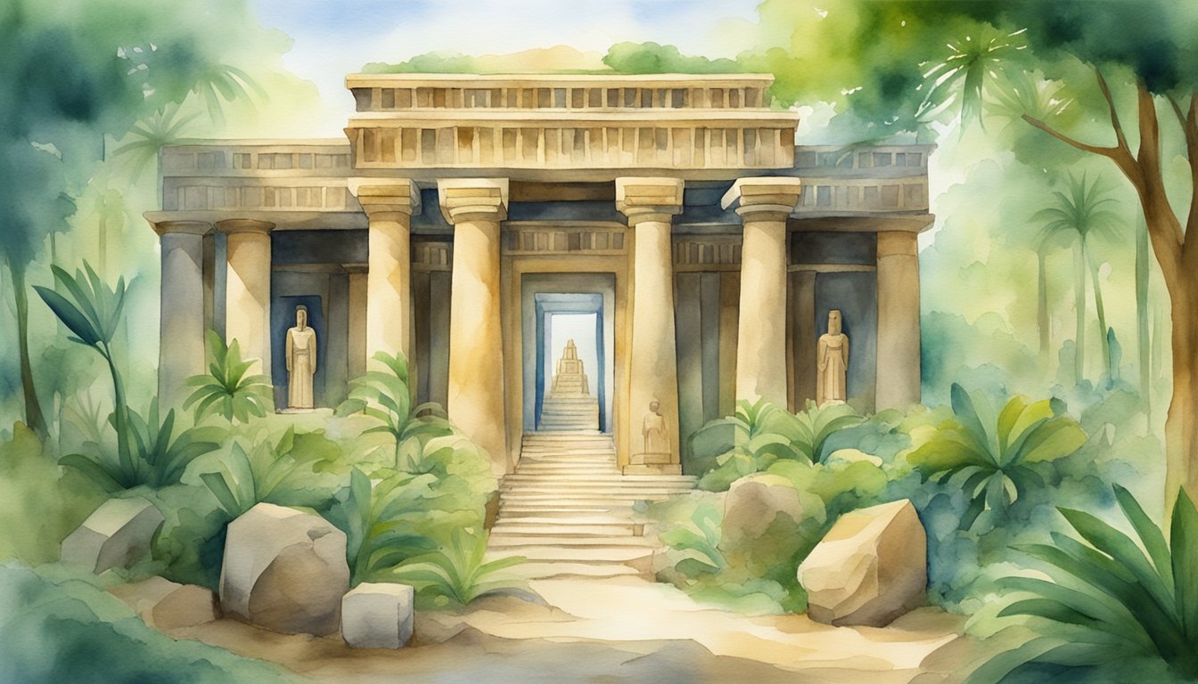 An ancient temple with hieroglyphics and statues, surrounded by lush greenery and a serene atmosphere, symbolizing the origins and principles of Kemetic spirituality