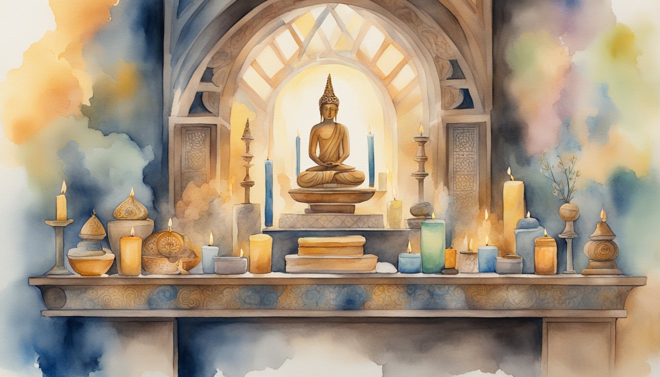 An altar adorned with offerings, candles, and sacred symbols.</p><p>An incense smoke wafts through the air as a practitioner chants and meditates