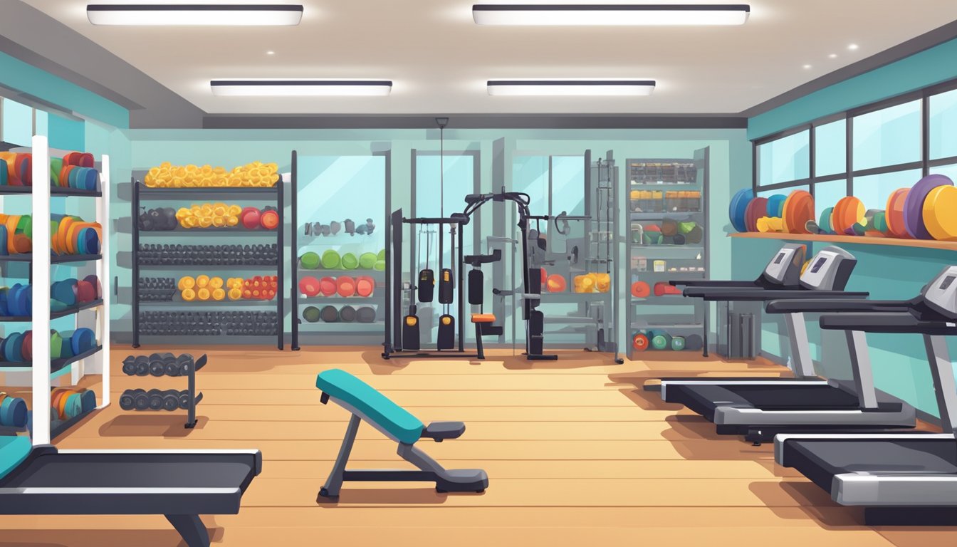 A store interior with rows of gym equipment, shelves stocked with weights, treadmills, and exercise machines. Bright lighting and clean, organized displays