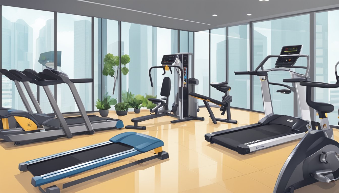 A bright, spacious showroom displays a variety of modern gym equipment in Singapore. Customers browse and test out machines and weights