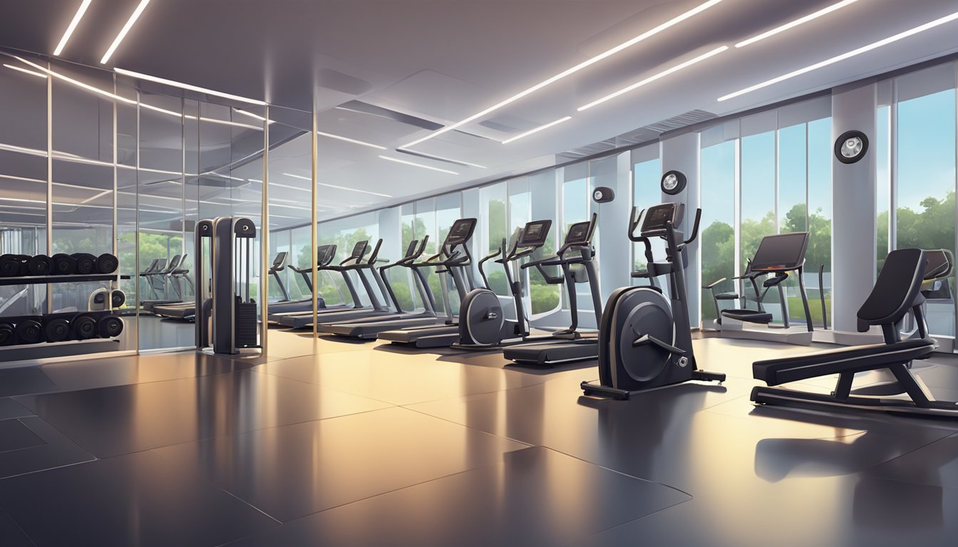 A spacious gym with bright lighting and mirrored walls. Rows of new gym equipment neatly arranged on rubber flooring