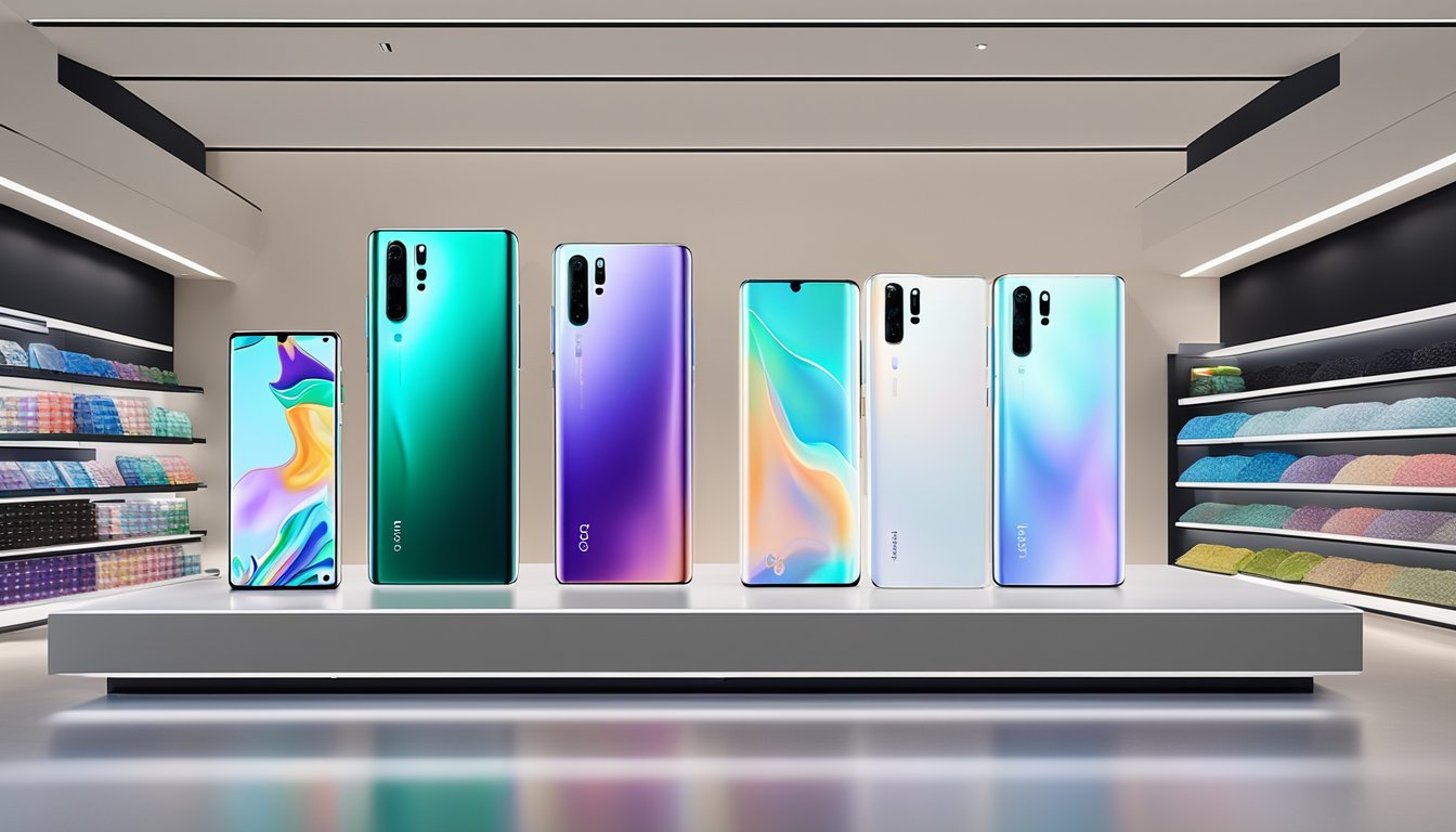 The Huawei P30 Pro displayed in a sleek, modern electronic store in Singapore, with prominent signage and a clean, well-lit display