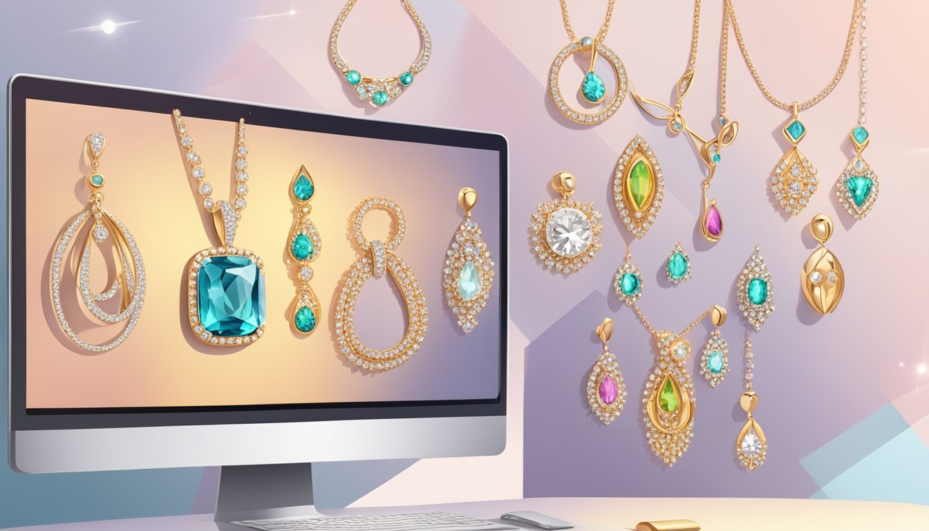 A computer screen displaying an array of sparkling jewelry on a stylish website, with a secure payment option and customer reviews