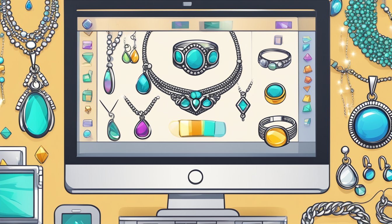 A computer screen displaying an array of sparkling necklaces, earrings, and bracelets. A hand cursor hovers over a "buy now" button