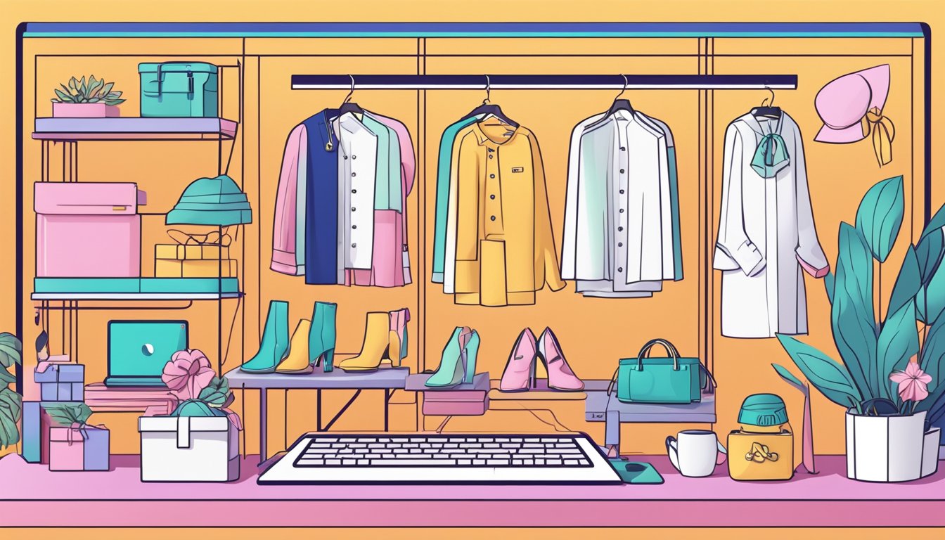 A computer screen displaying a vibrant online store with Korean fashion items. Various clothing and accessories are showcased with a sleek and modern design