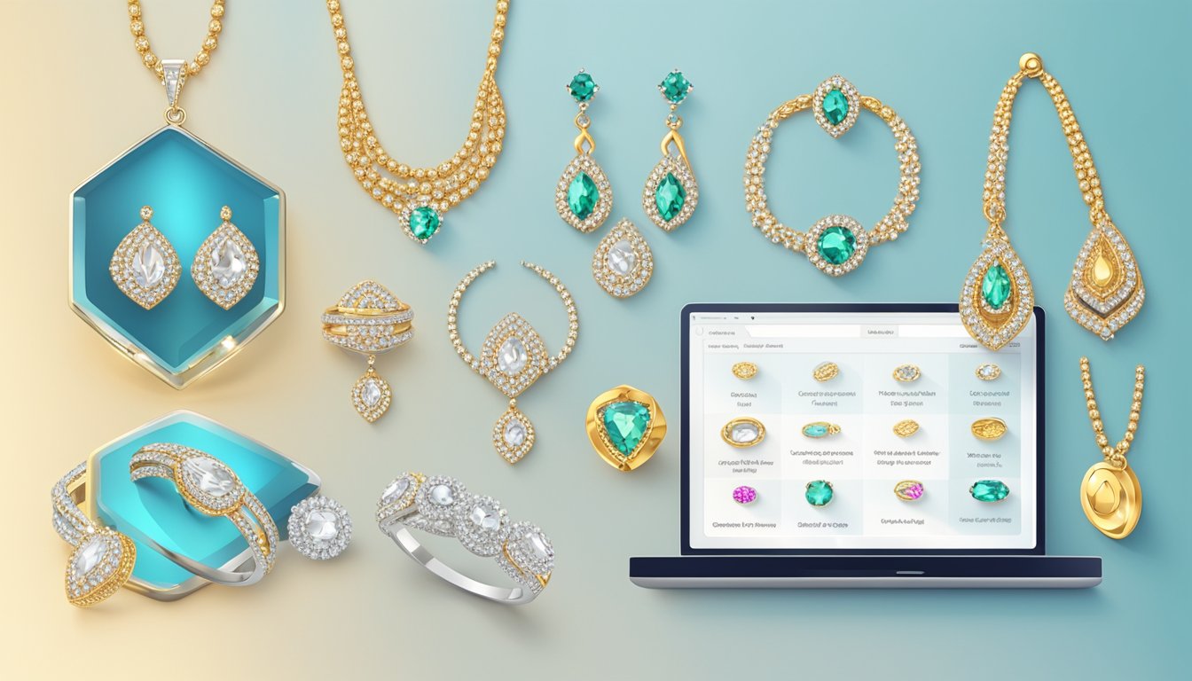 A computer screen displaying a variety of sparkling jewelry pieces with a secure online payment option