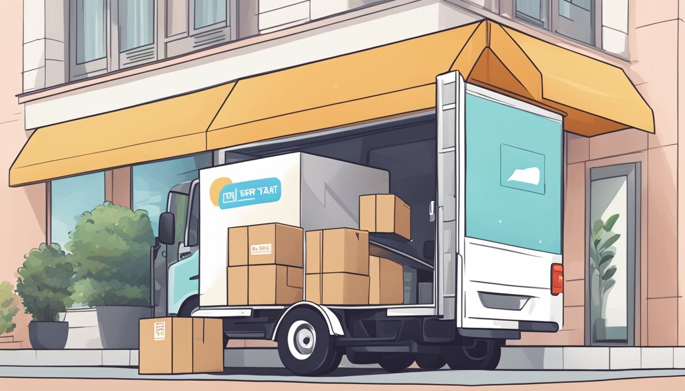 A hand clicks "Add to Cart" on a Korean clothing website. A delivery truck drops off a package at a doorstep