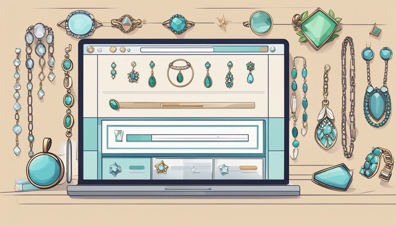 A computer screen displaying a website with a variety of jewelry options, a search bar, and a FAQ section