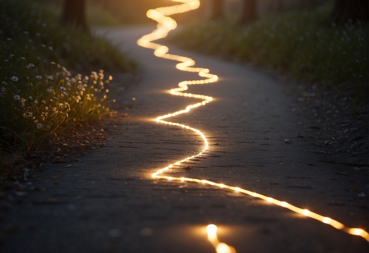 A winding path with footprints leading to a speech bubble surrounded by glowing light, symbolizing "walk the talk" quotes