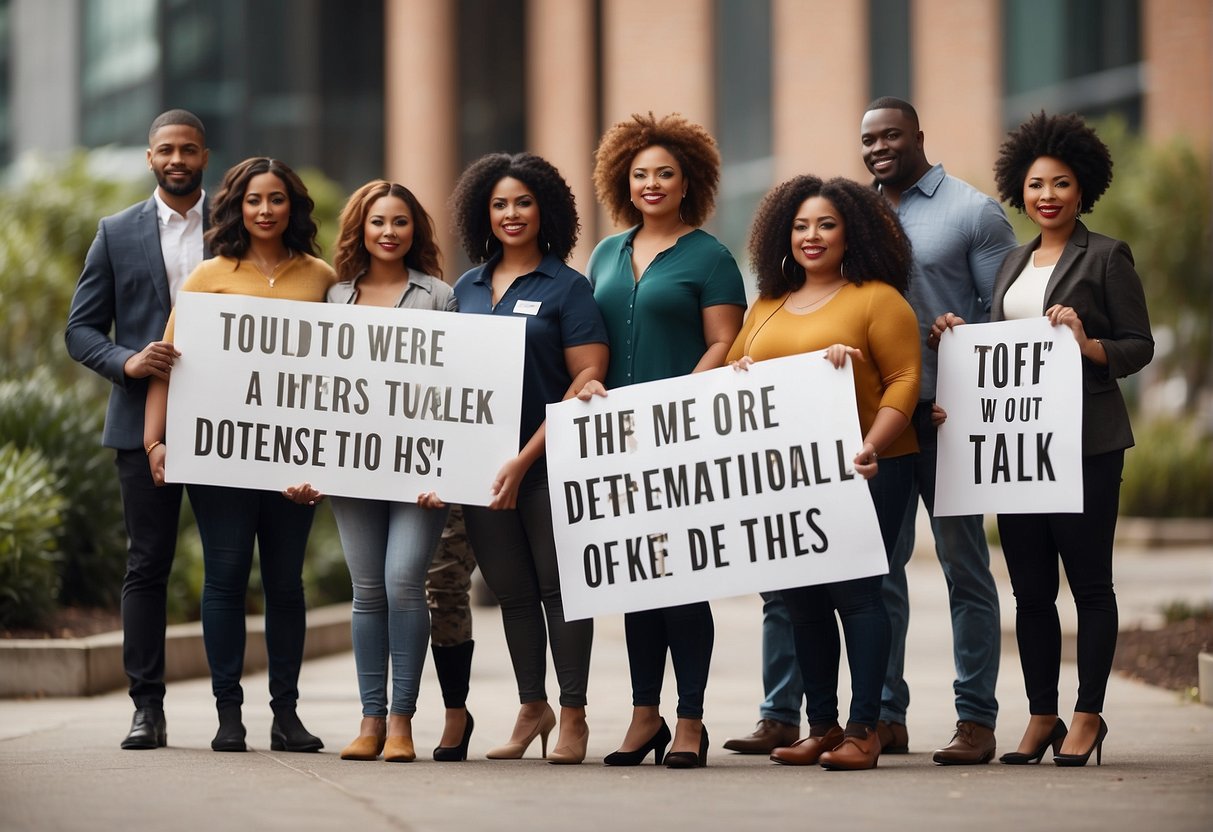 A group of diverse individuals stand together, each holding a sign with a motivational quote about walking the talk. Their expressions are determined and confident