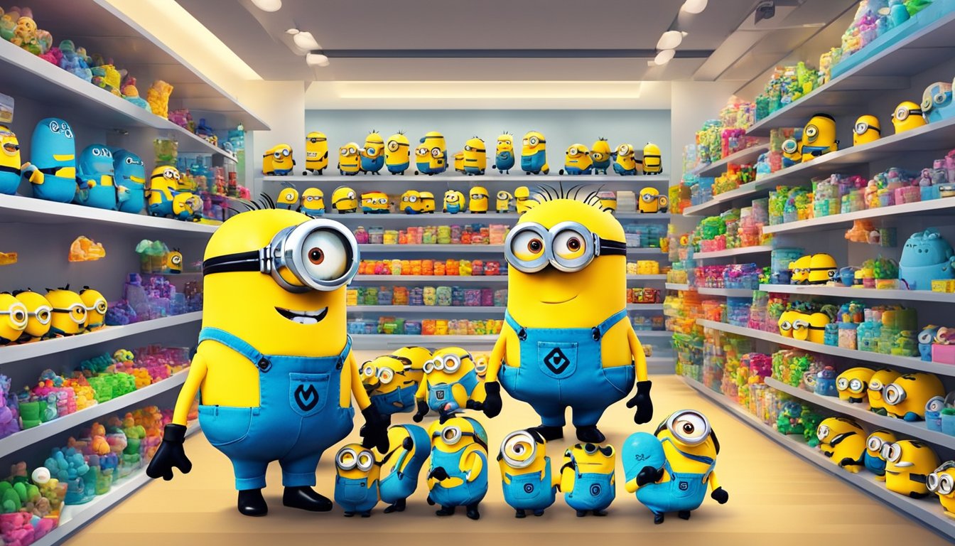 Colorful minion toys displayed on shelves in a well-lit store in Singapore. Customers browsing and selecting items. Bright and inviting atmosphere