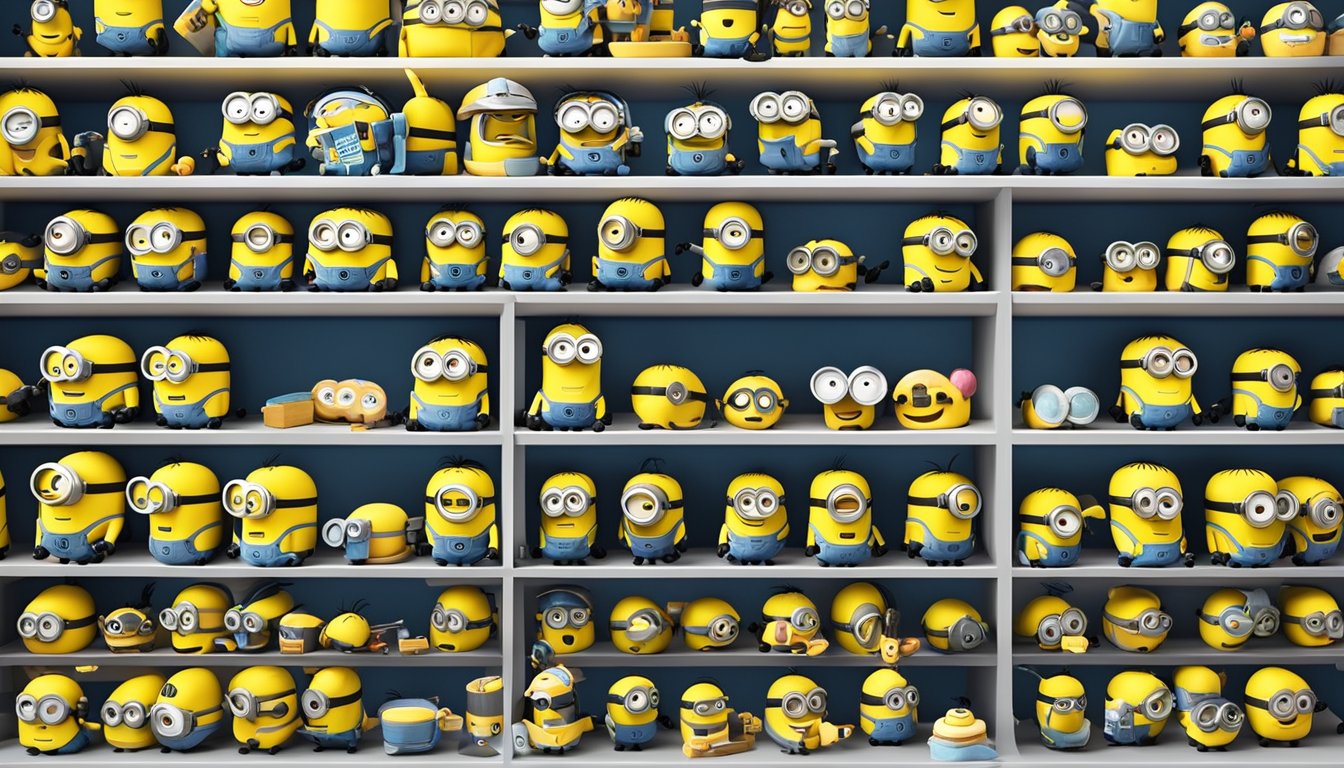 A colorful display of Minion toys at a toy store in Singapore, with shelves filled with various merchandise and a sign indicating "Minion Toys" for sale