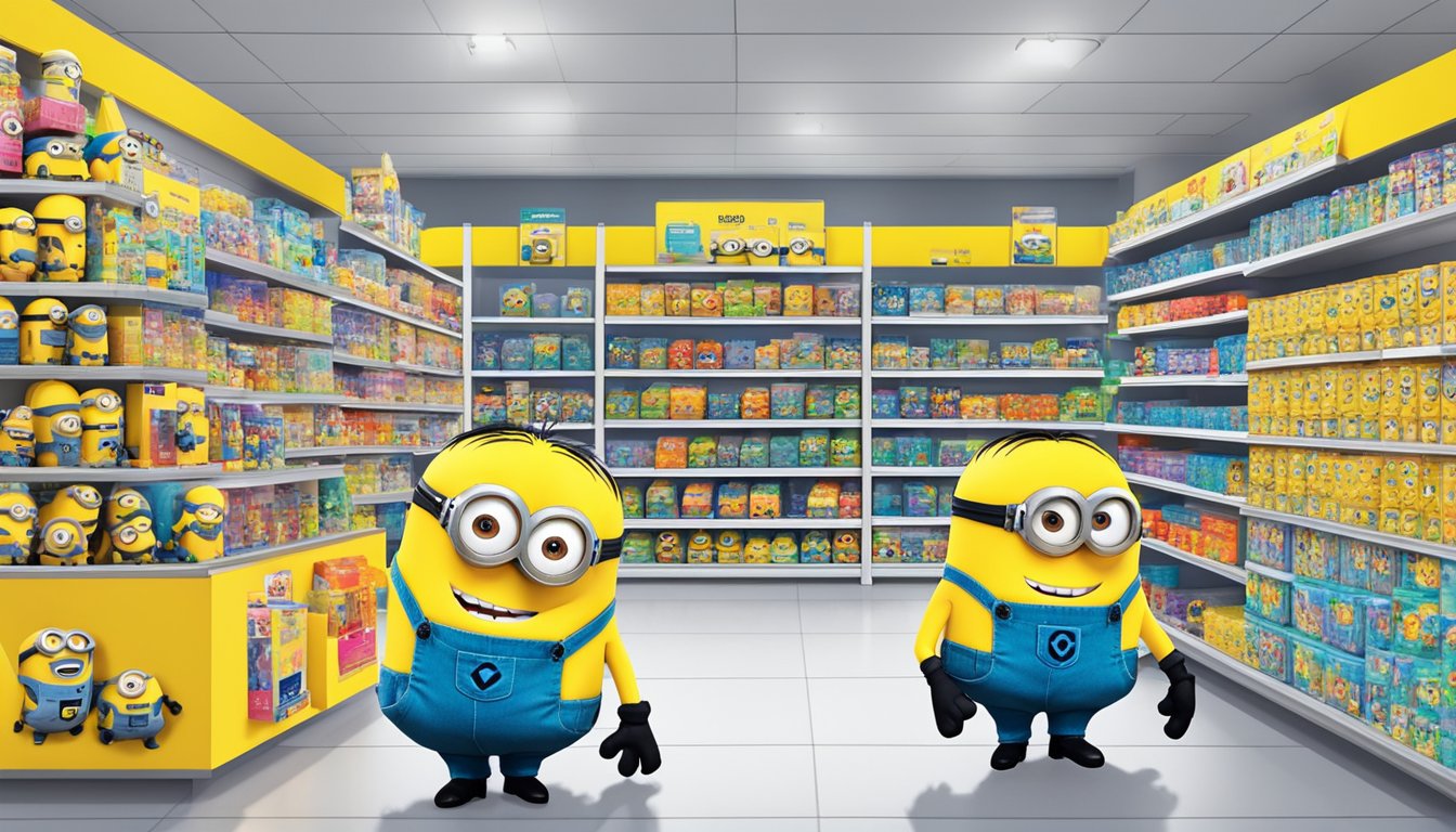 Minion toys displayed in a Singapore store, with shelves neatly organized and colorful packaging. Shoppers browsing and a sign indicating "Frequently Asked Questions" section