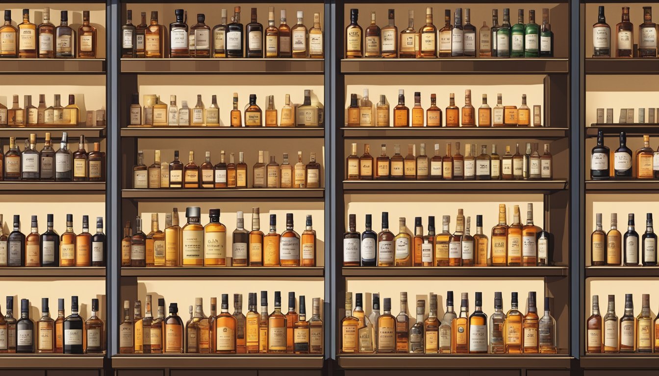 A store shelf displays various bottles of Nikka Whisky in Singapore, with clear price tags and organized labels