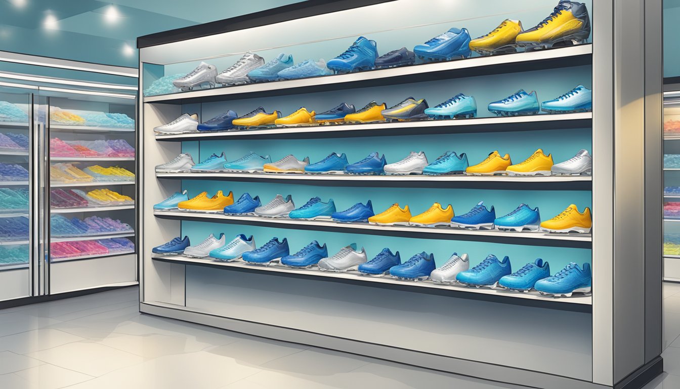 A store display of ice cleats in Singapore, with various sizes and styles available for purchase