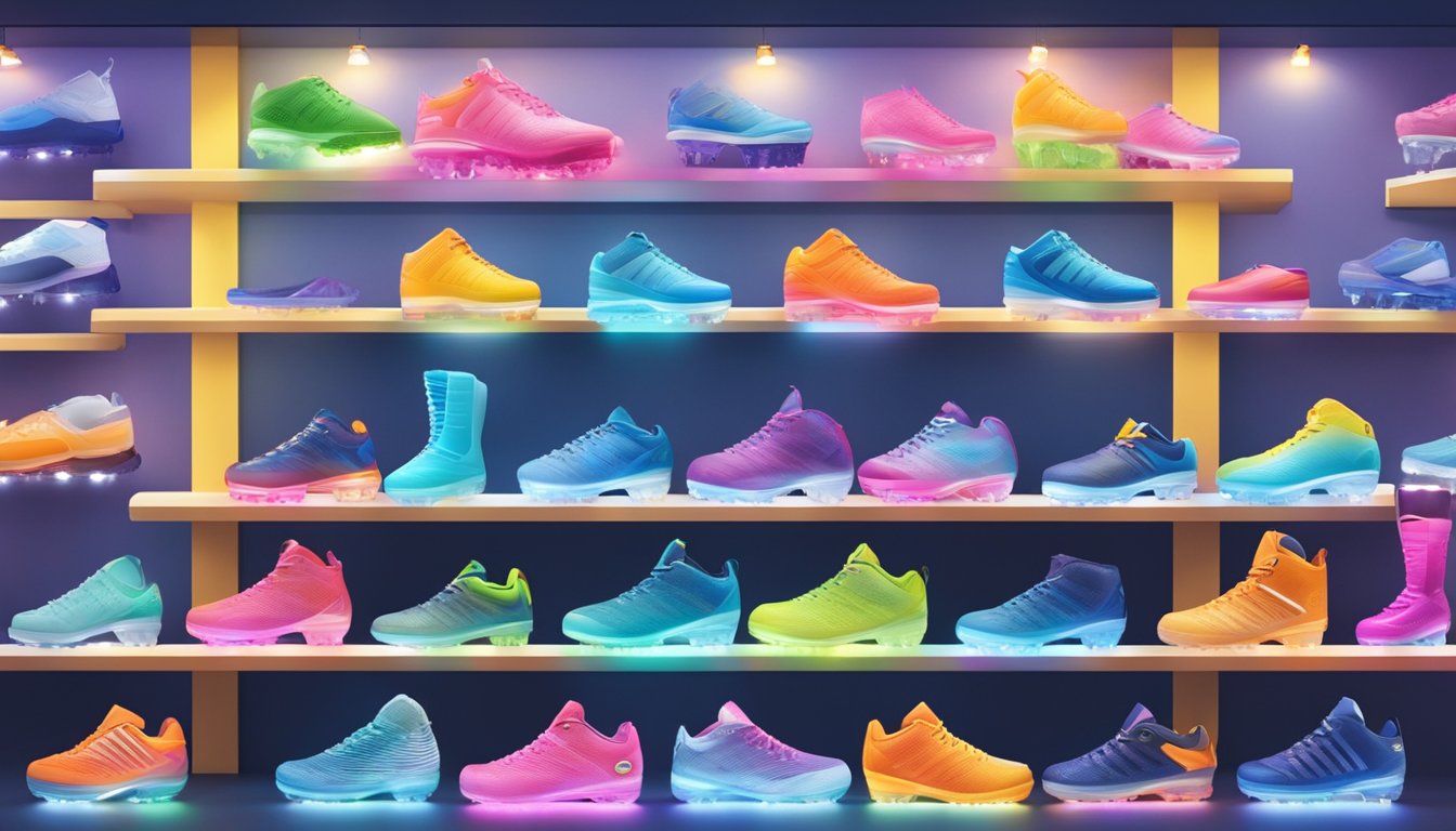 A display of ice cleats at a Singapore shop, with various brands and sizes showcased on shelves. Bright lighting highlights the products
